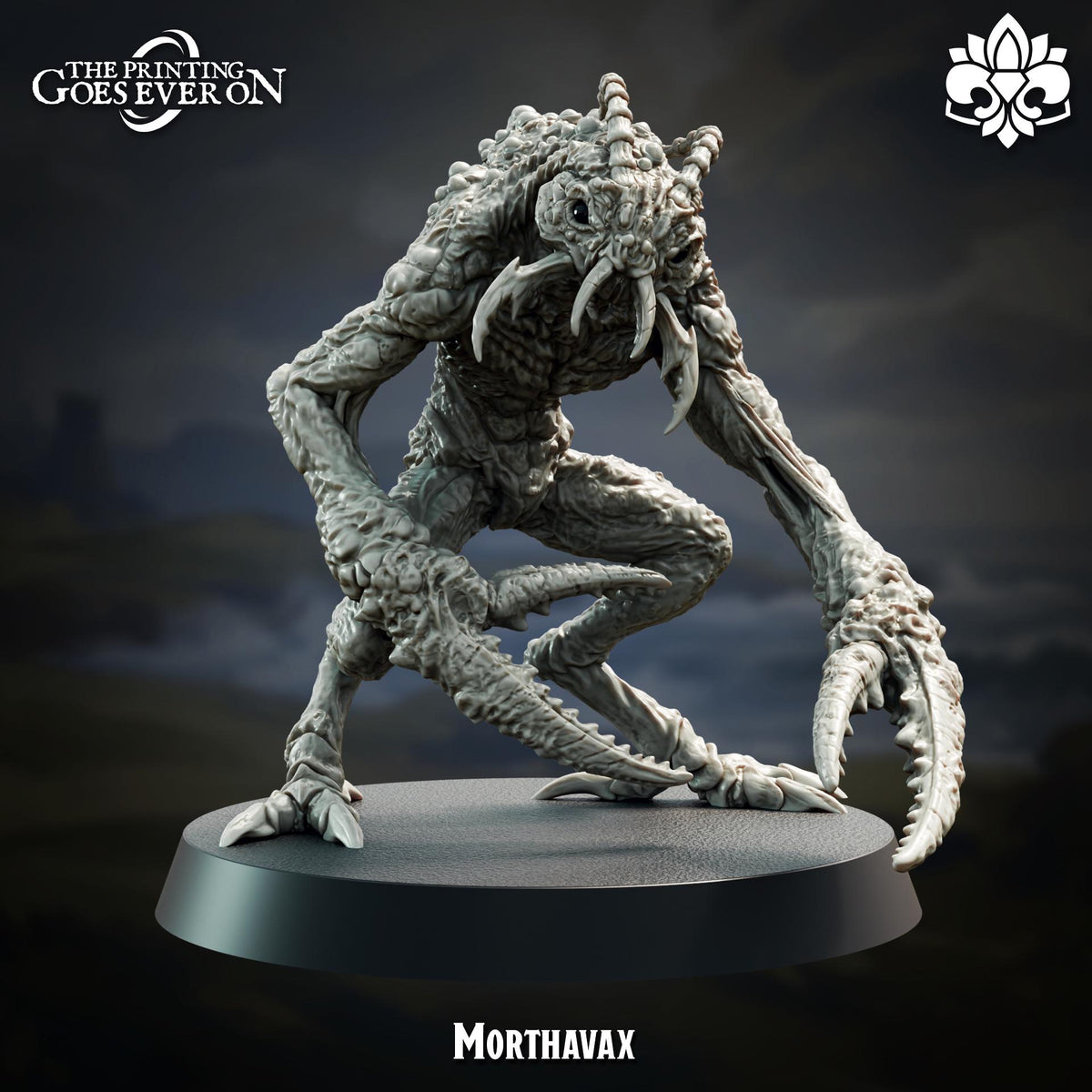 A 3D rendering of a large, hairy, and menacing-looking creature with sharp teeth and claws, resembling a monster or a dragon-like creature. The creature is standing on a platform and appears to be in a crouched or crouching position. The background is dark and moody, giving the image a mysterious and ominous atmosphere.
