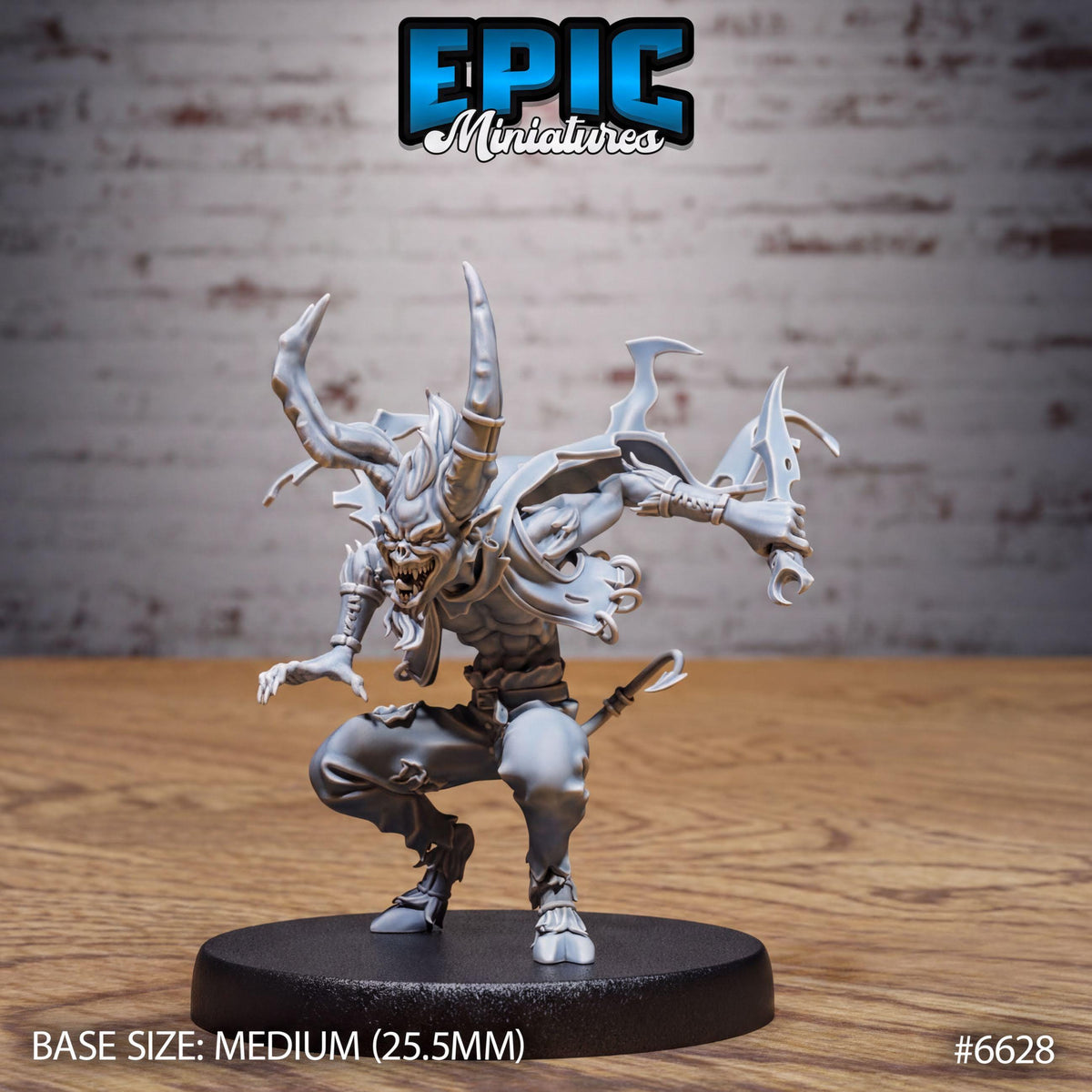 A figurine of a fierce-looking, horned creature with sharp teeth and claws, standing on a black base.