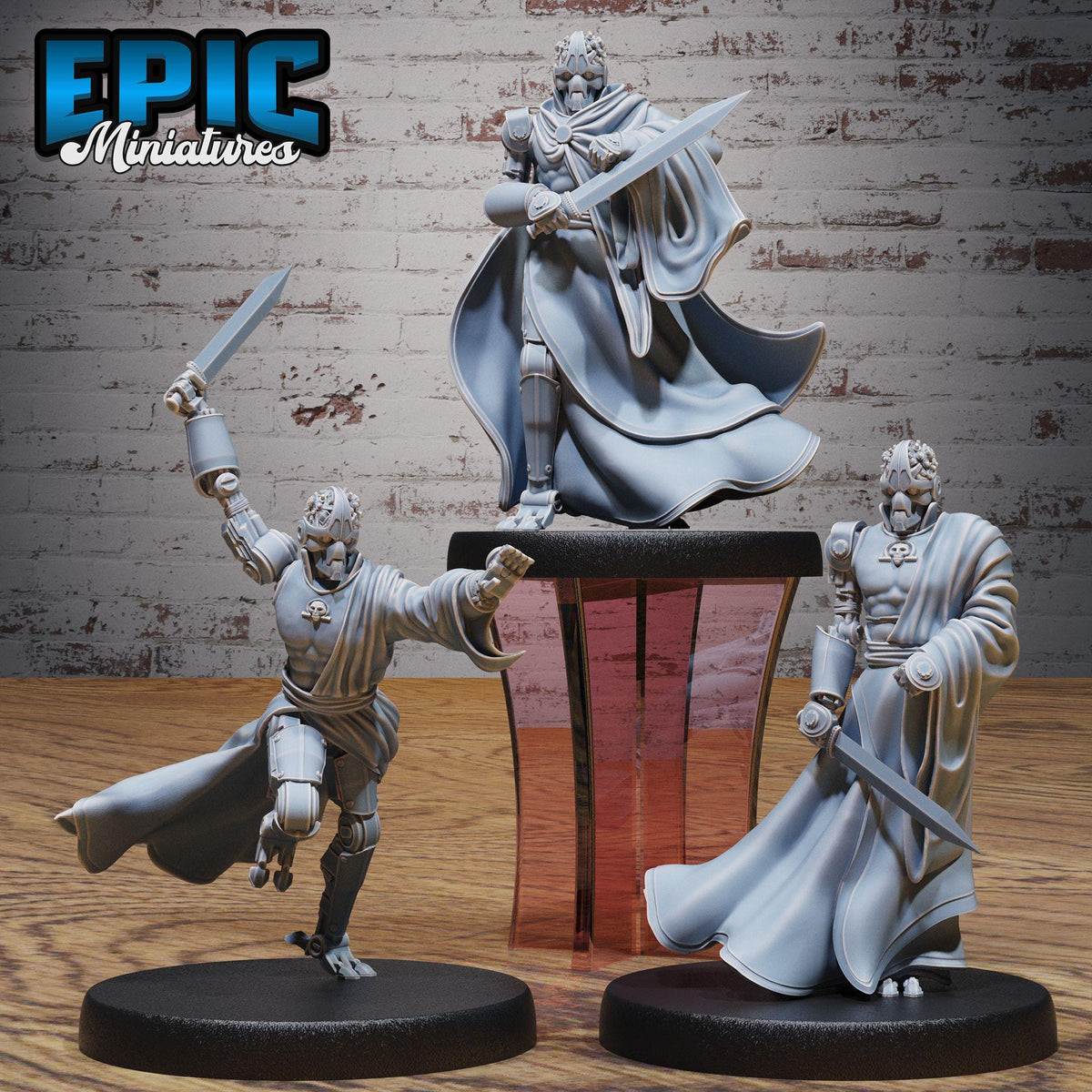 three miniature figures, each holding a sword, standing on a platform against a brick wall background.