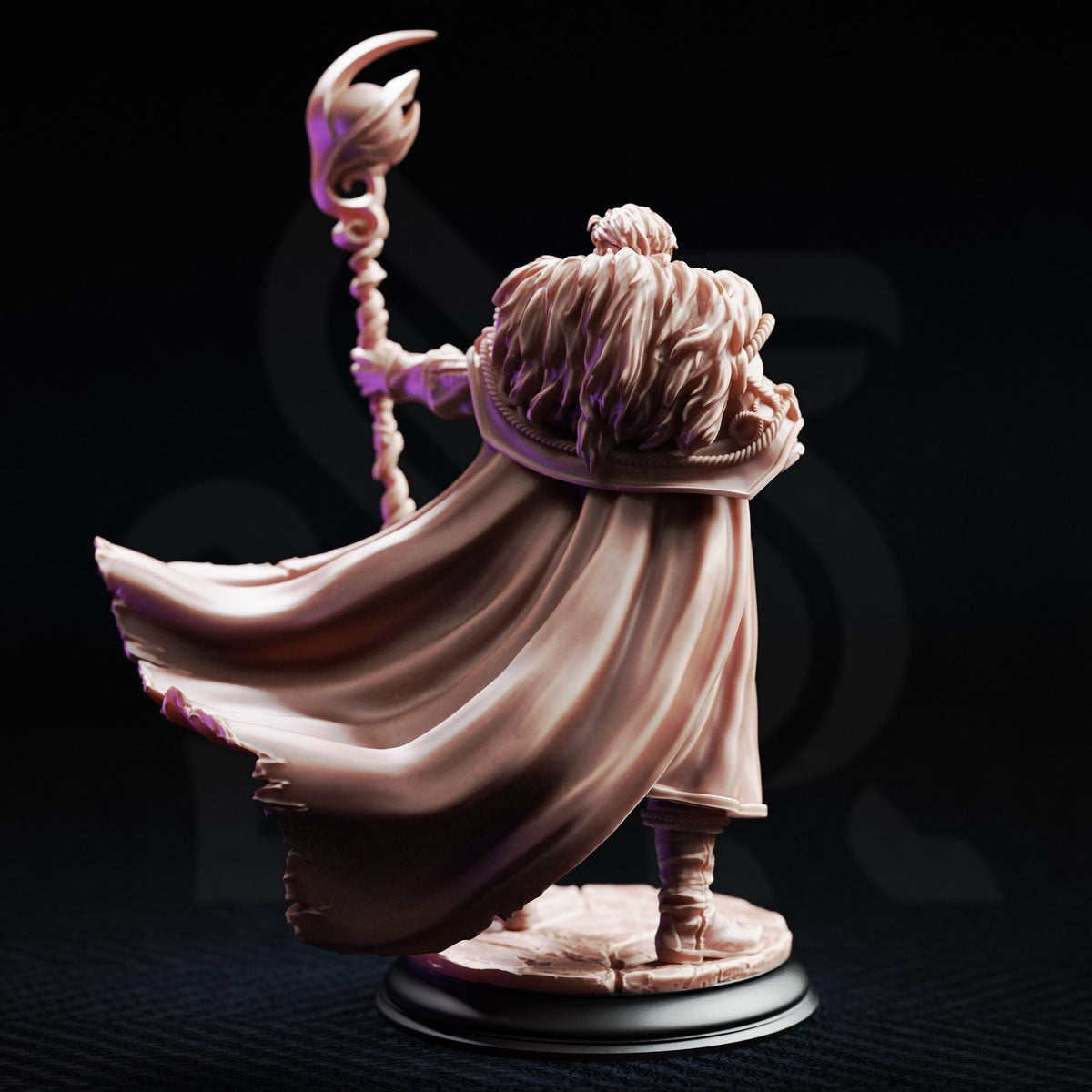 A detailed 3D model of a fantasy character, possibly a wizard or magical being, with flowing robes and a staff.
