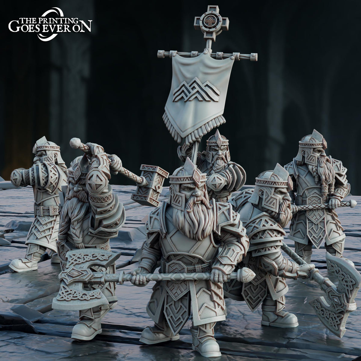 A group of heavily armored and battle-ready dwarf figures, likely from a fantasy or science fiction setting, are depicted in the image.