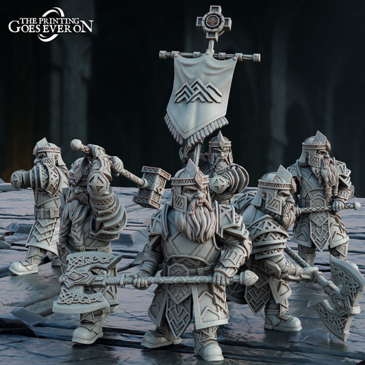 A group of heavily armored and battle-ready dwarf figures, likely from a fantasy or science fiction setting, are depicted in the image.