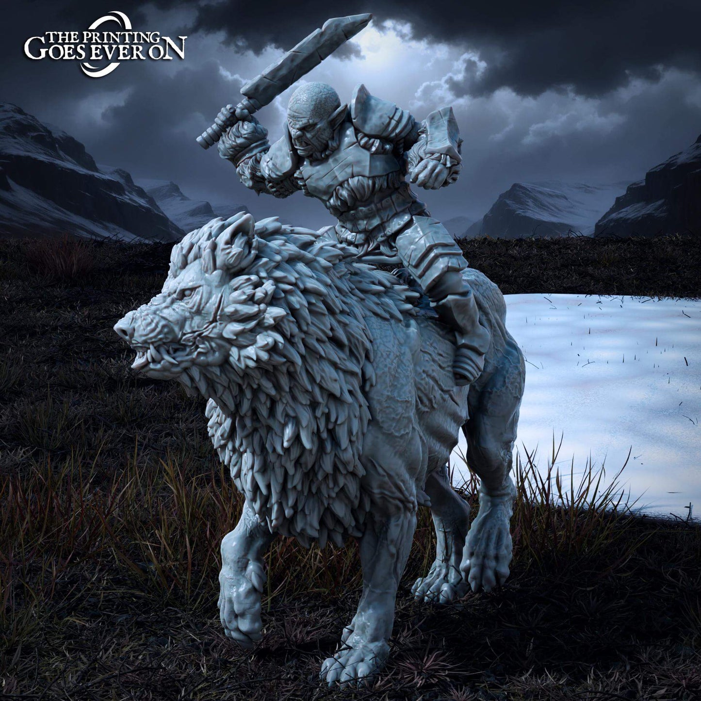 3D Resin Miniature featuring a mounted orc warrior riding a lion, perfect for D&D and wargaming collections.