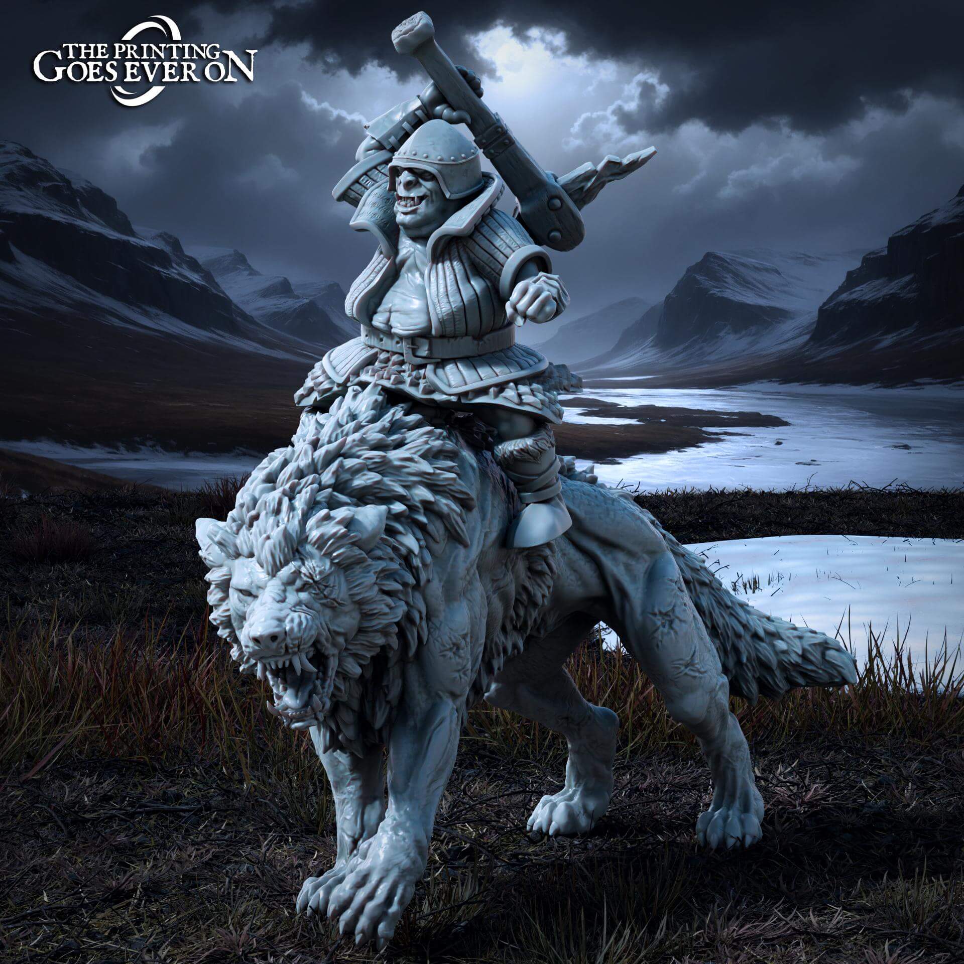 3D Resin Miniature of Gormuk the Opulent riding a fierce wolf in a dramatic landscape for D&D and wargaming.
