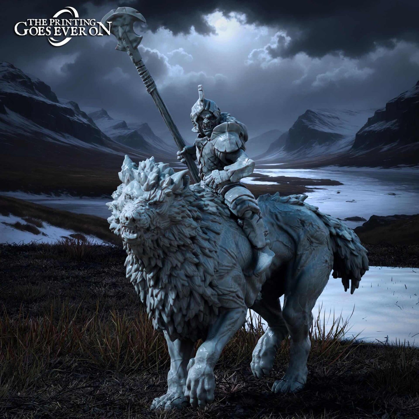 3D Resin Miniature Ironmoor Warg Mounted Orc by Wyrdwood Creations against a dramatic landscape.