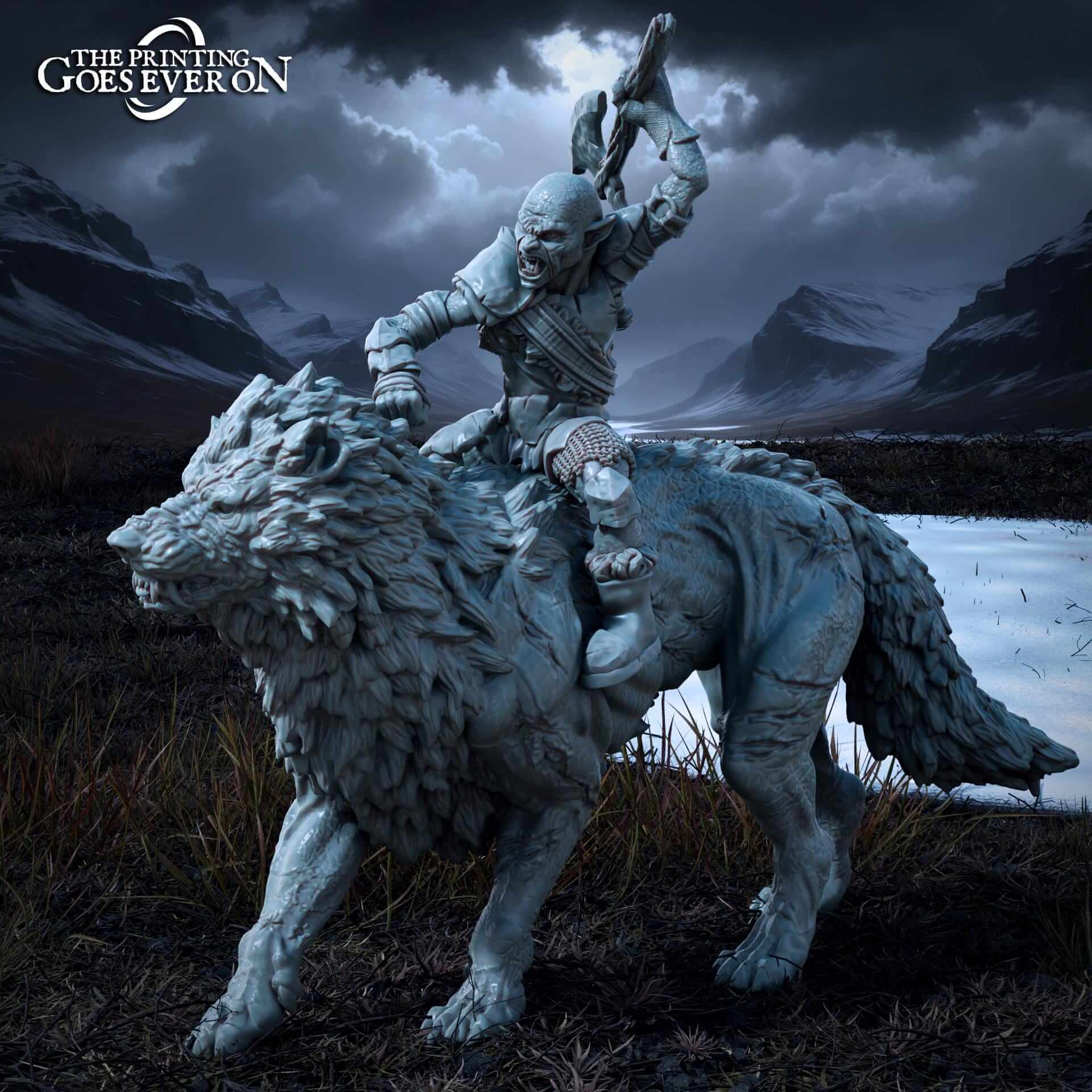 3D Resin Miniature Ironmoor Warg Mounted Orc figure printed in premium grey resin, ideal for tabletop gaming.