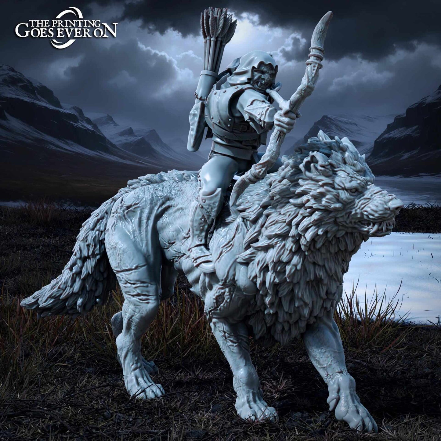 3D Resin Miniature Ironmoor Warg Mounted Orc on a wolf, perfect for D&D and wargaming collections.