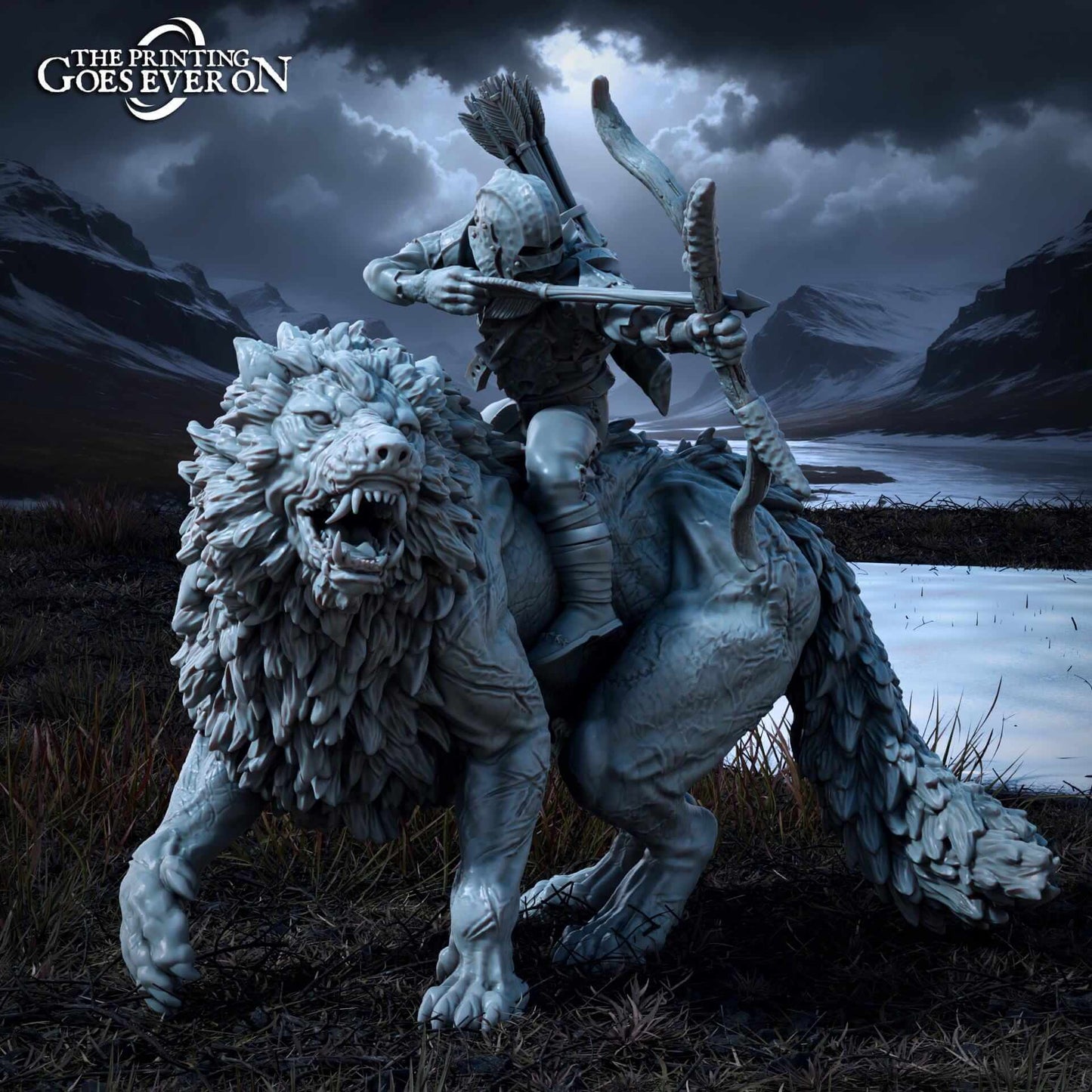 3D Resin Miniature Ironmoor Warg Mounted Orc poised with a bow on a fearsome creature against a dramatic landscape.