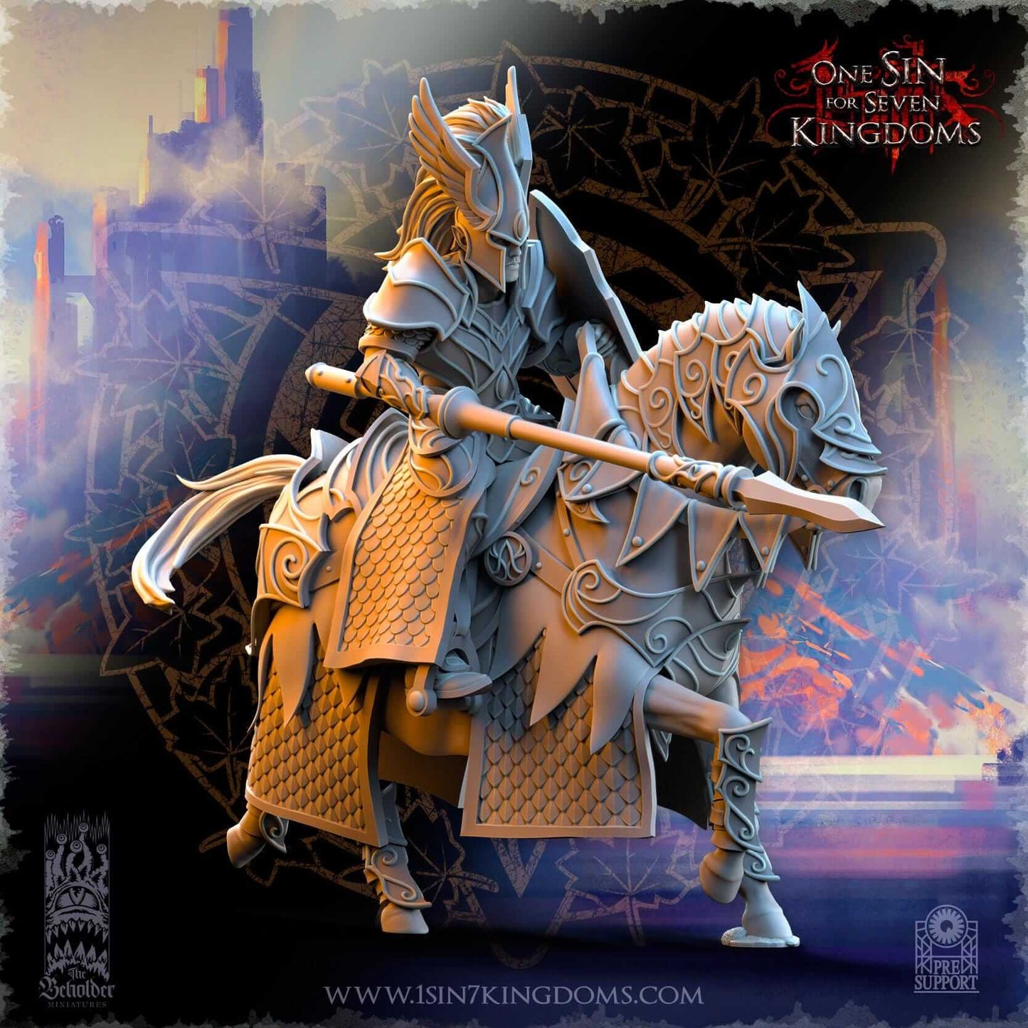 Knights of Ashur w Lance - Silvermoor Elves - One Sin for Seven Kingdoms - Beholder Miniatures