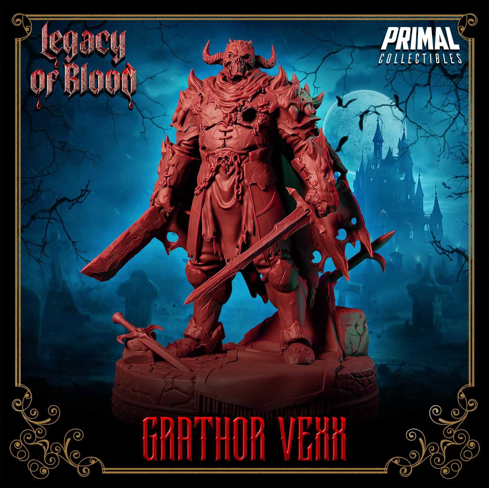 3D Resin Miniature Grathor Vexx from Legacy of Blood by Primal Collectibles, detailed red miniature ready for tabletop gaming.