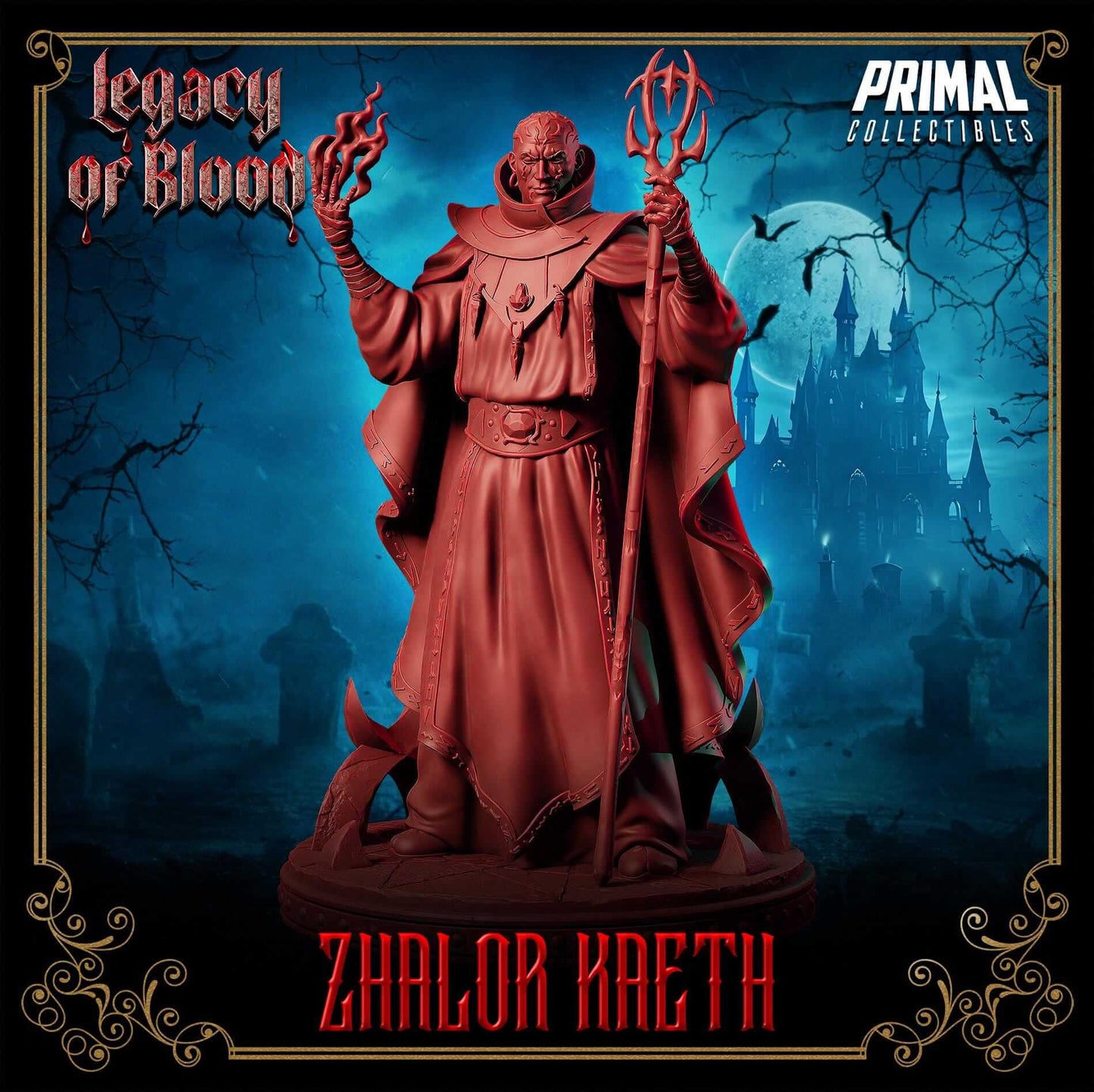 3D Resin Miniature Zhalor Kaeth from Legacy of Blood in red resin, ideal for D&D or display.