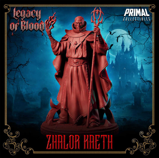 3D Resin Miniature Zhalor Kaeth from Legacy of Blood in red resin, ideal for D&D or display.