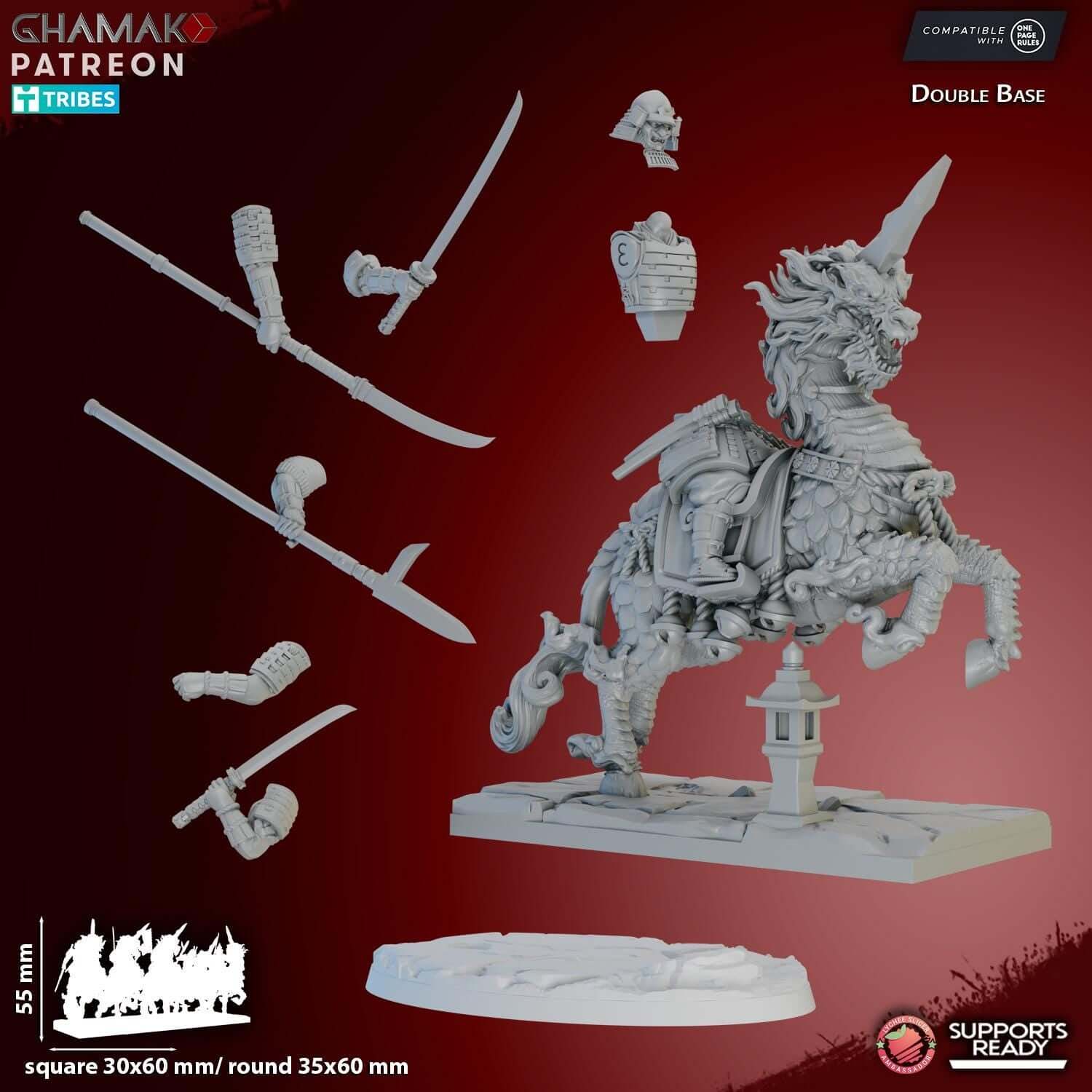 Kirin Cavalry miniatures by Ghamak featuring premium resin model with accessories and double base, 55 mm height.