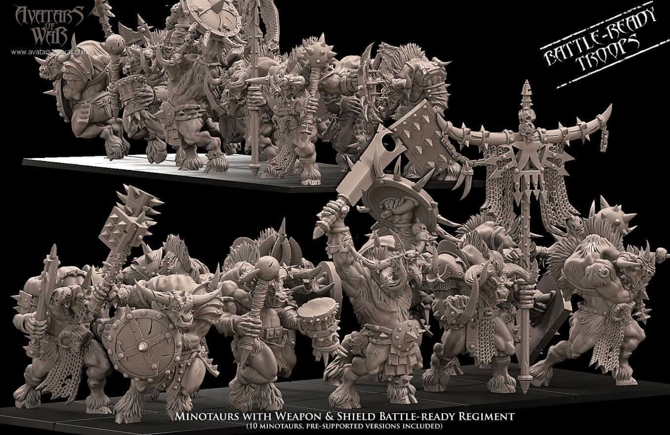 Minotaurs with weapon and shield Regiment - Avatars of War